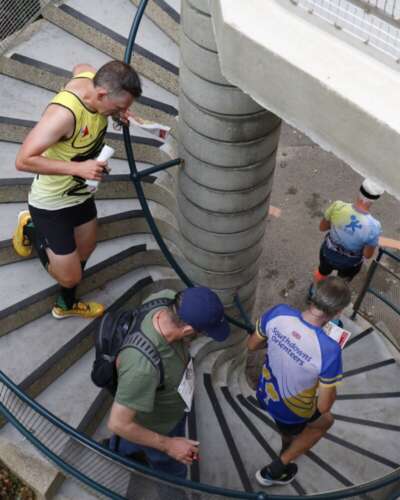 Neil tackling the spiral staircase